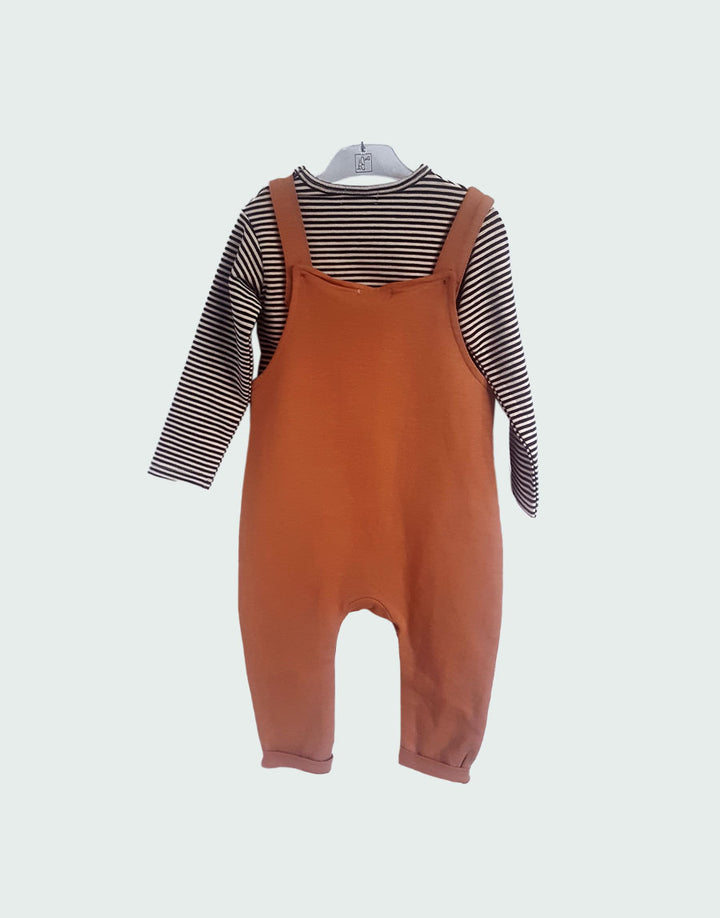 Brown unisex dungarees & stripes top set, back