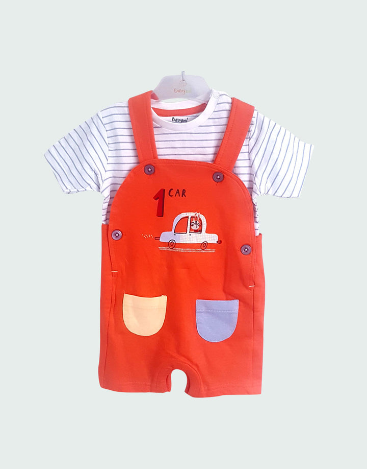  2 piece first car print dungarees t-shirt set, front side