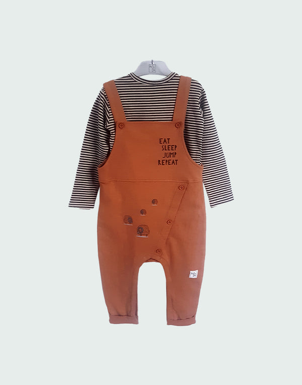 Brown unisex dungarees & stripes top set, front