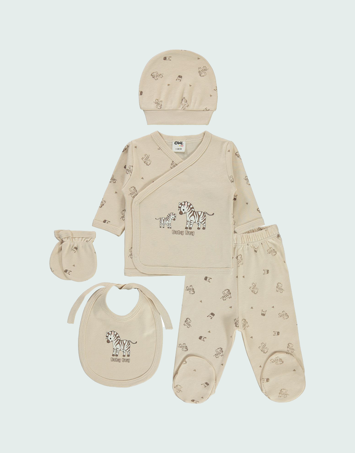 Our Five Piece Zebra Outfit Set is more than just clothing—it's a statement. Featuring trousers, a wrap-over kimono top, bib, mittens, and a hat, this set is both practical and charming. Each piece is designed for comfort, warmth, and ease of dressing, perfect for new parents navigating those precious early days.