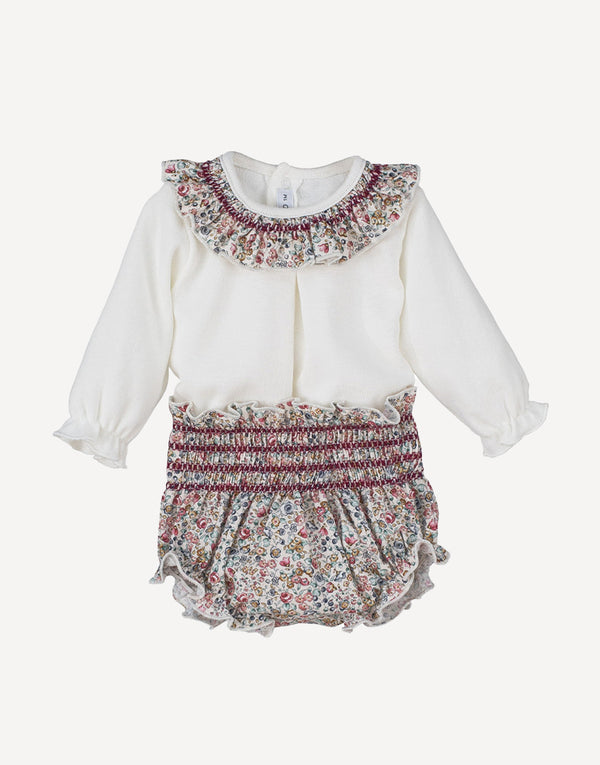 Arabella cream ruffle top & ditsy floral bloomers, front