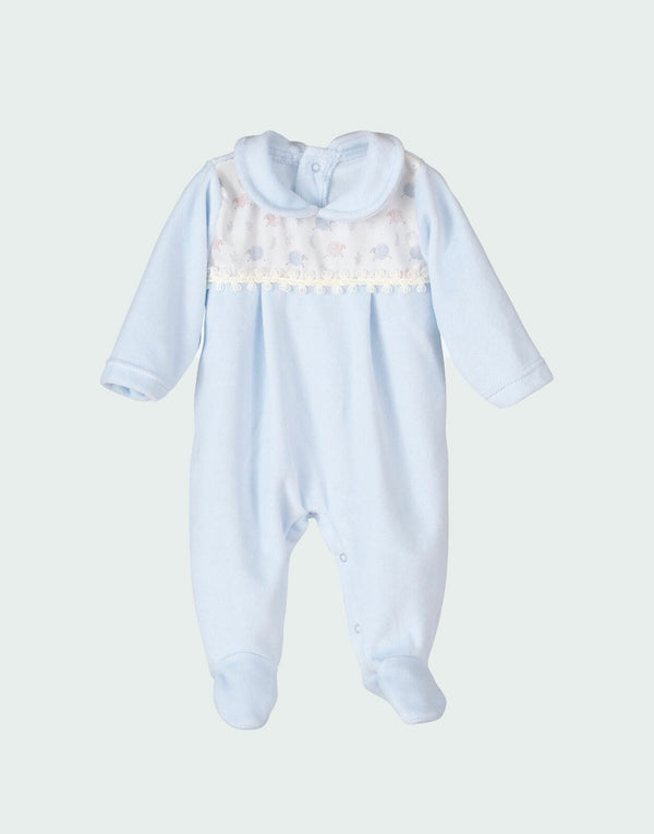 Baby Blue Cotton Velour Baby Grow with Peter Pan Collars for boys 