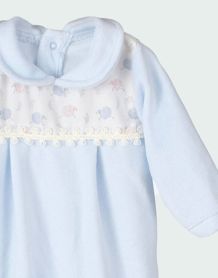 Baby Blue Cotton Velour Baby Grow with Peter Pan Collars for boys 