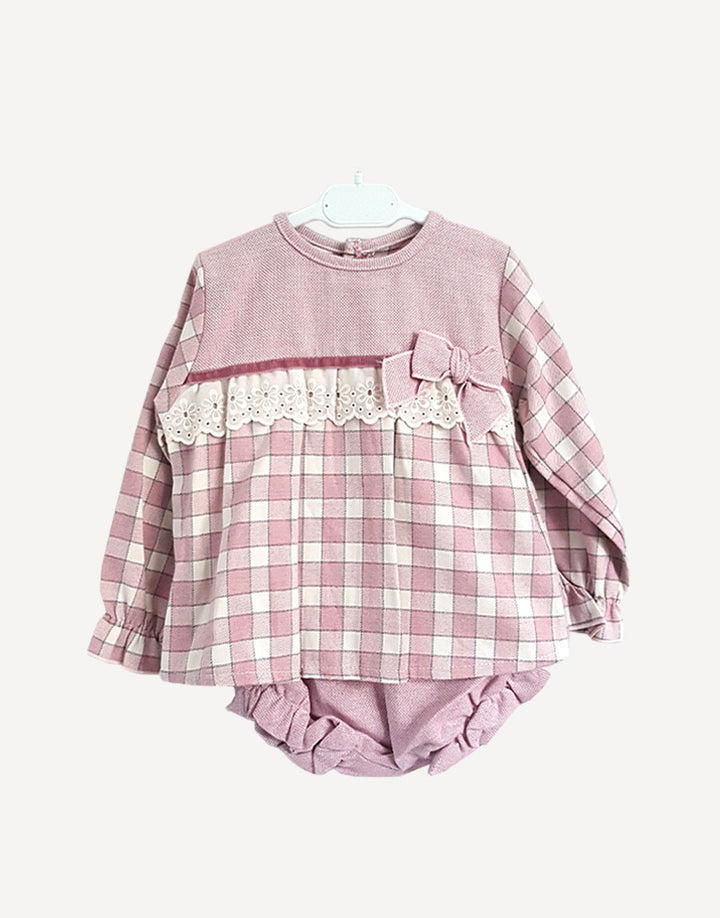 Baby pink checked dress and bloomers, front