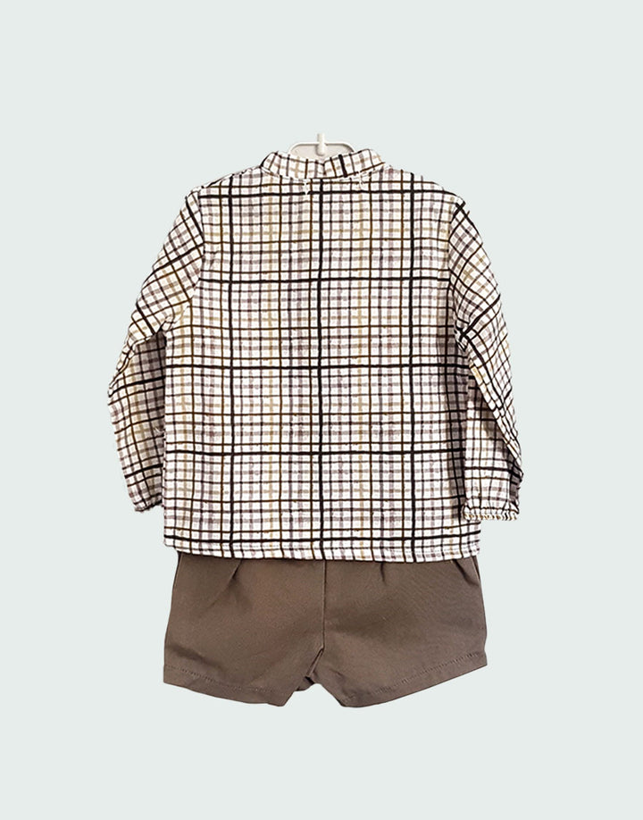 Boys khaki check shirt and shorts outfit set, back