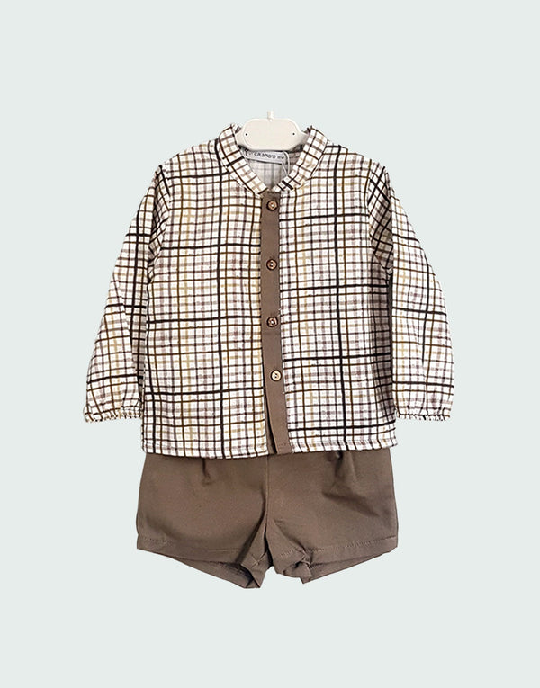 Boys khaki check shirt and shorts outfit set, front