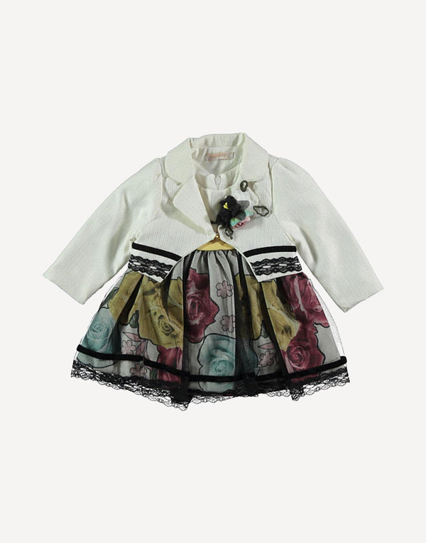 Elegant baby girl dress and jacket set, front