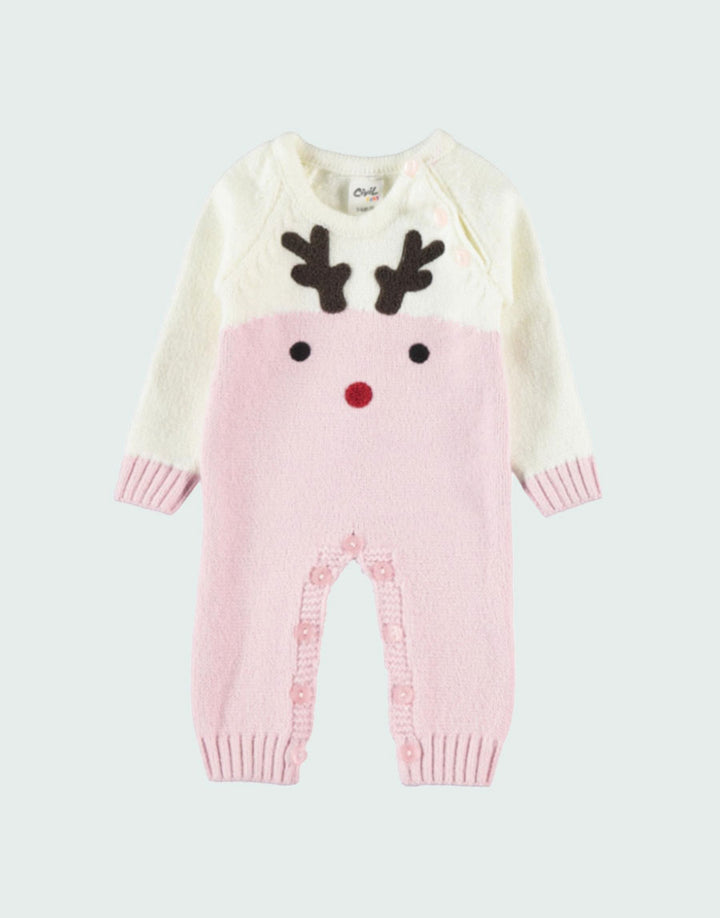 Festive knit romper pink color, front