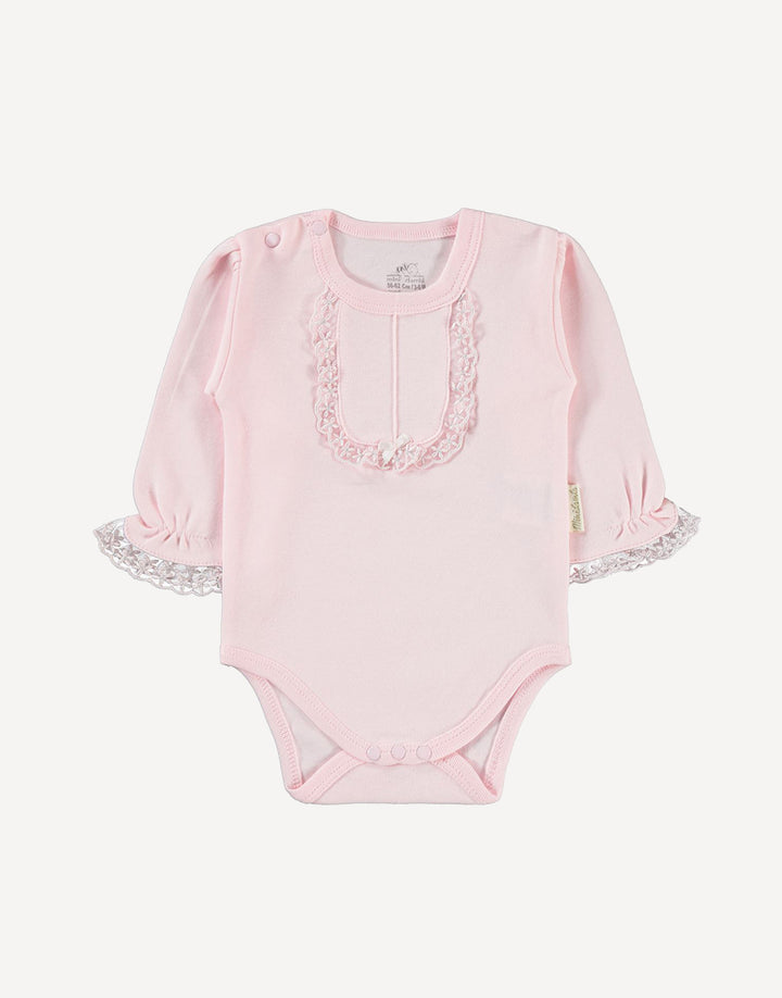 Our bodysuits feature a delightful frill collar and cuff detailing, adding a touch of whimsy to your baby's wardrobe. The intricate coloured embroidery on the ruffle collar lends a pop of color and personality, available in your choice of pink or beige