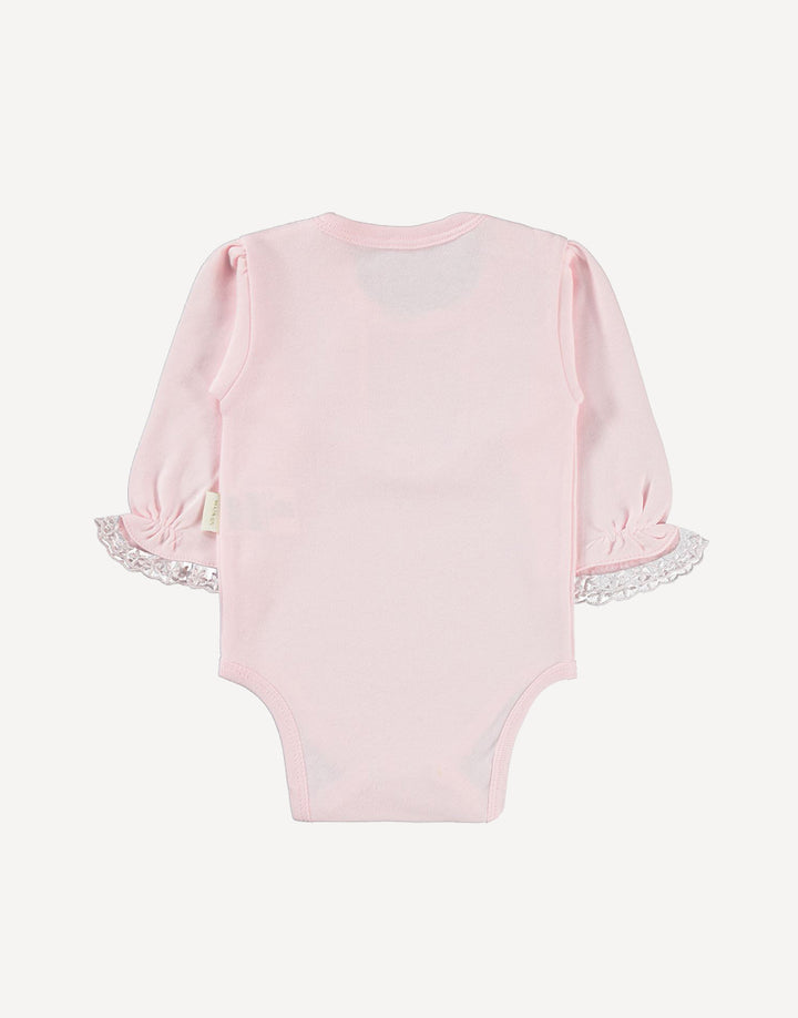 Our bodysuits feature a delightful frill collar and cuff detailing, adding a touch of whimsy to your baby's wardrobe. The intricate coloured embroidery on the ruffle collar lends a pop of color and personality, available in your choice of pink or beige