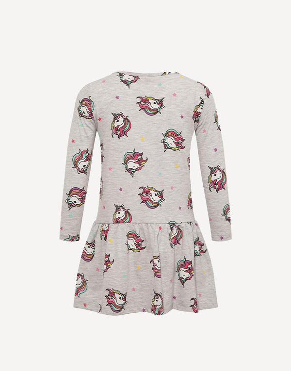 Girls' Grey Melange Cotton Unicorn Dress