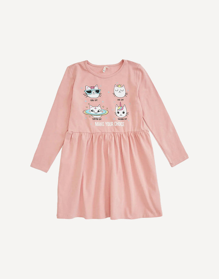 Girls' dusty pale rose  cats print dress