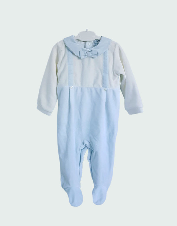 Light blue baby boy romper, front