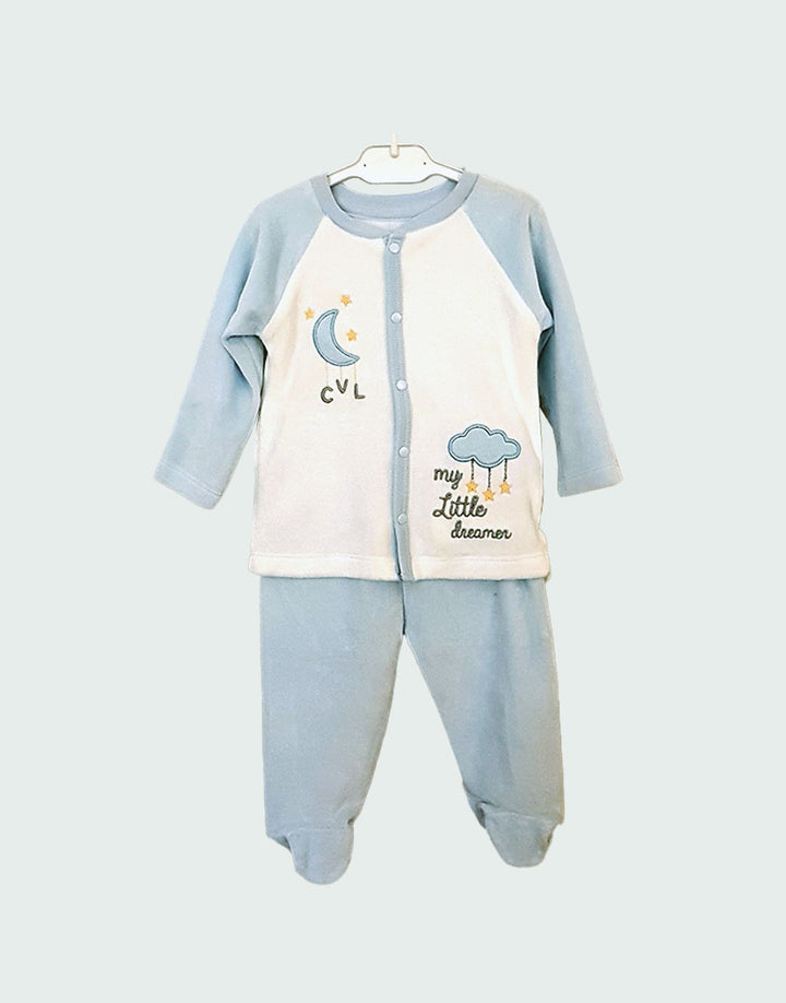 Little dreamer soft blue baby outfit set, front