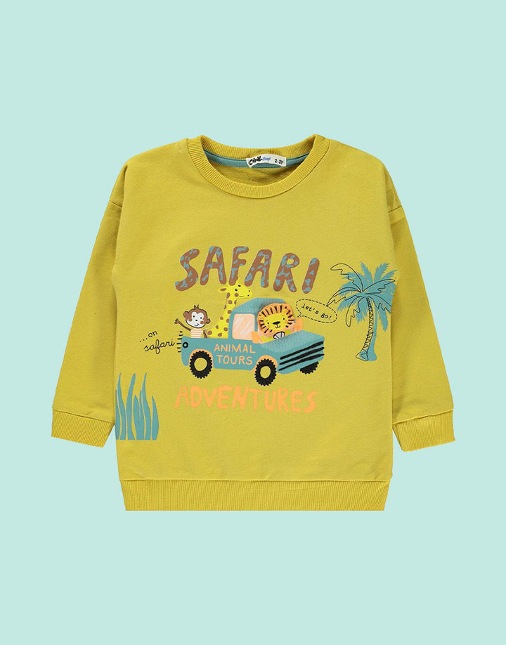 Adventures unisex sweatshirt in dark khaki color with safari figure, front