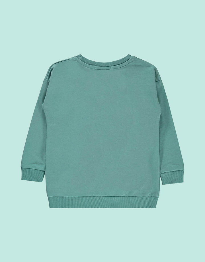 Adventures unisex sweatshirt in dark cyan color with safari figure, back