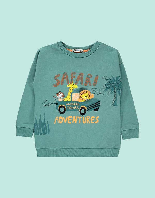 Adventures unisex sweatshirt in dark cyan color with safari figure, front