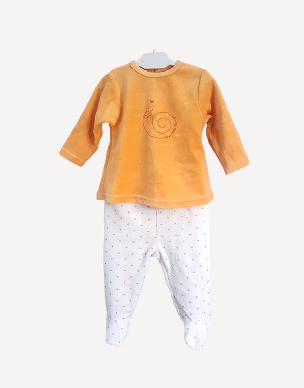 Yellow velour baby outfit set, front